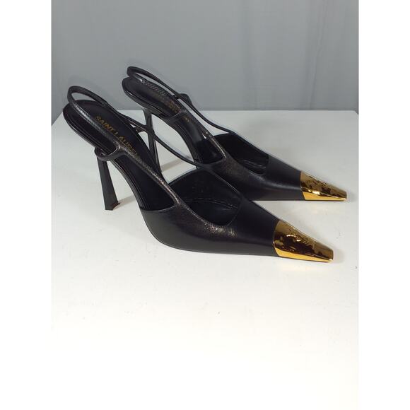 Saint Laurent 'Jeanne' Black Leather Slingback Stiletto Pumps Size 7 - Picture 3 of 6